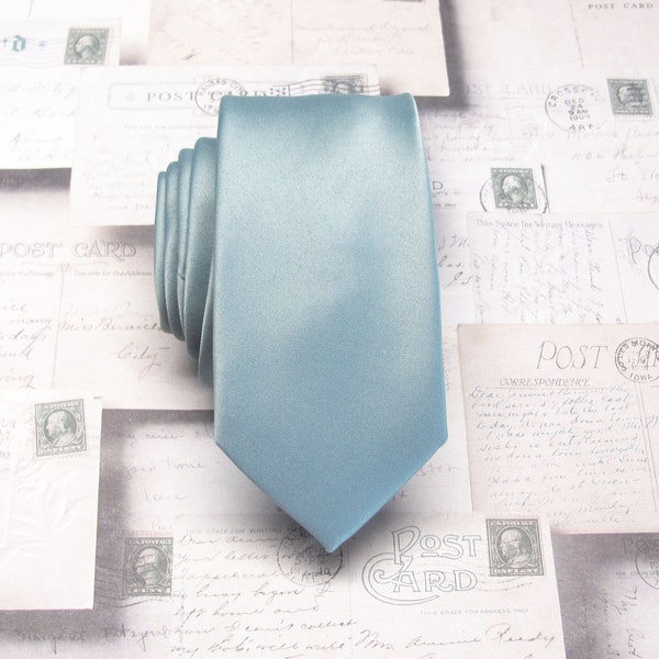 Mens Tie Dusty Blue Skinny Silk Necktie With Matching Pocket Square Handkerchief Option