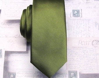 Necktie Martini Olive Drab Mens Skinny Tie With  Matching Pocket Square Handkerchief Option