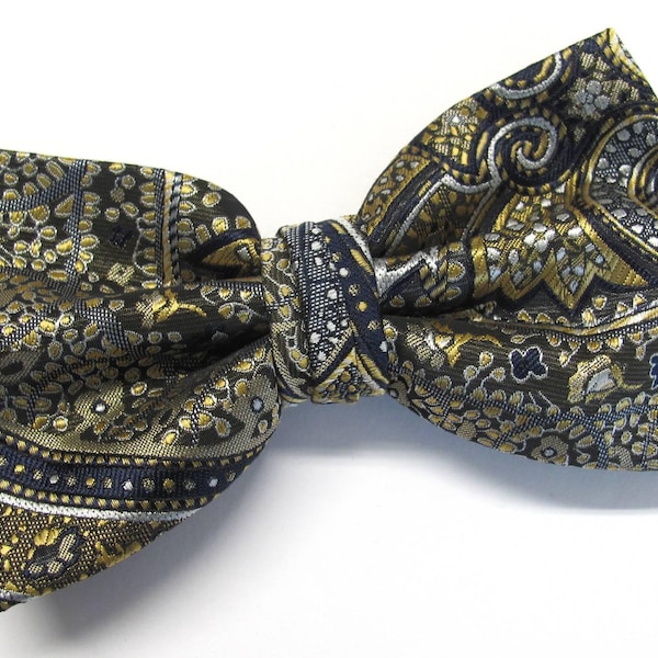 Herren Fliege Moosgrün Blau Gold Paisley Floral auf Schwarz Fliege Mit Passenden Einstecktuch