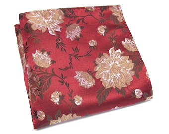 Pocket Square Red Tan Gold Floral Hanky Handkerchief