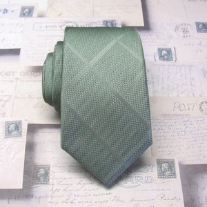 Light Dusty Sage Green Plaid Slim Modern Fit Necktie with Matching Pocket Square Option