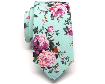 Cotton Mens Tie. Mint Green Red Pink Floral Skinny Tie With Matching Pocket Square Option