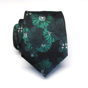Dark Forest Green Kelly Green on Black Floral Necktie Wedding Ties With Matching Pocket Square Option
