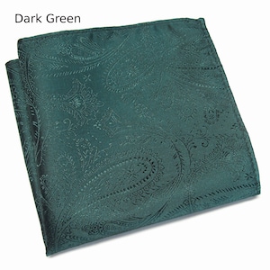 May include: A dark green paisley pocket square, folded neatly. The fabric has a subtle sheen, and the intricate pattern is visible across the surface. The text "Dark Green" is in the upper left corner.