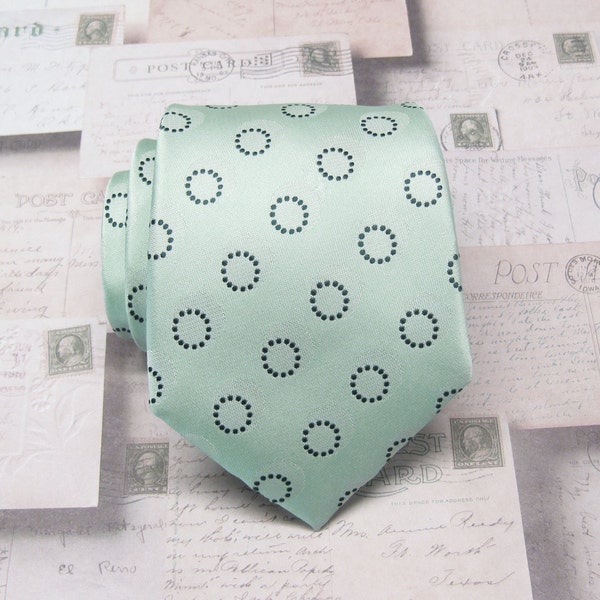 Mens Tie. Dusty Green Light Dusty Mint Black Polka Dot Mens Necktie with Matching Pocket Square Option