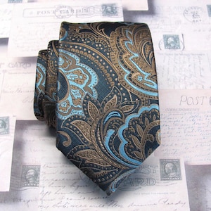 Mens Tie Navy Blue Sky Blue Taupe Brown Paisley Slim Necktie With Matching Pocket Square Option