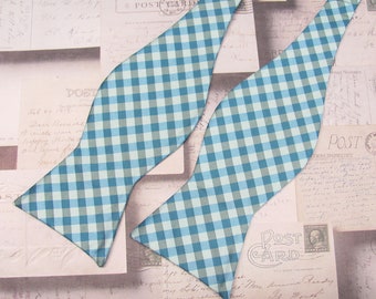 Mens Self Tie Bow Ties Blue Checkered Free Style Bowtie With Matching Pocket Square