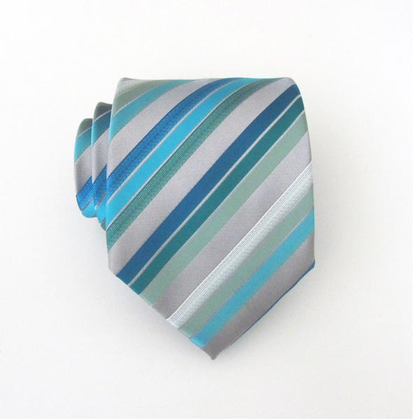 Mens Tie Silver Gray Dusty Shale Green Sky Blue Stripes Necktie With Matching Pocket Square Option