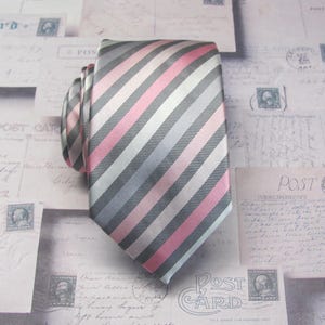 Mens Ties. Silver Gray Dusty Rose Pink Stripe Neckties With Matching Pocket Square Option