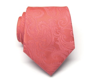 Mens Ties Coral Paisley Mens Wedding Neckties. Groomsmen Ties Silk Necktie with Matching Pocket Square Option