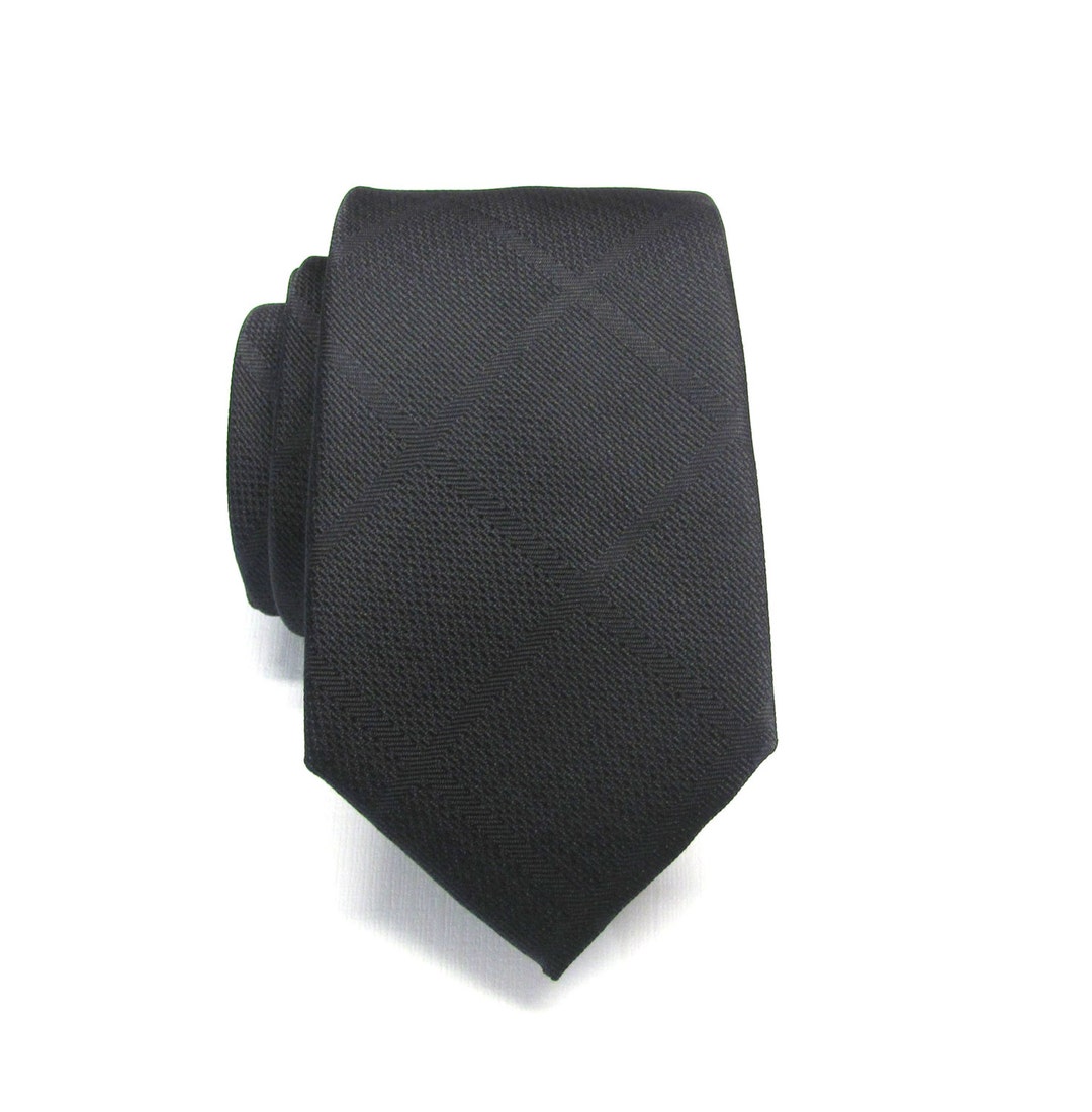 Black Mens Ties. Narrow Ties. Black Plaid Mens Necktie With Matching Pocket Square Option