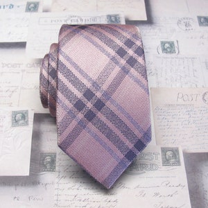 Dusty Rose Pink Lavender Plaid Necktie with Matching Pocket Square Option