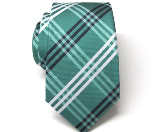 Mens Tie. Green Tie. Green White Navy Blue Plaid Mens Narrow Necktie