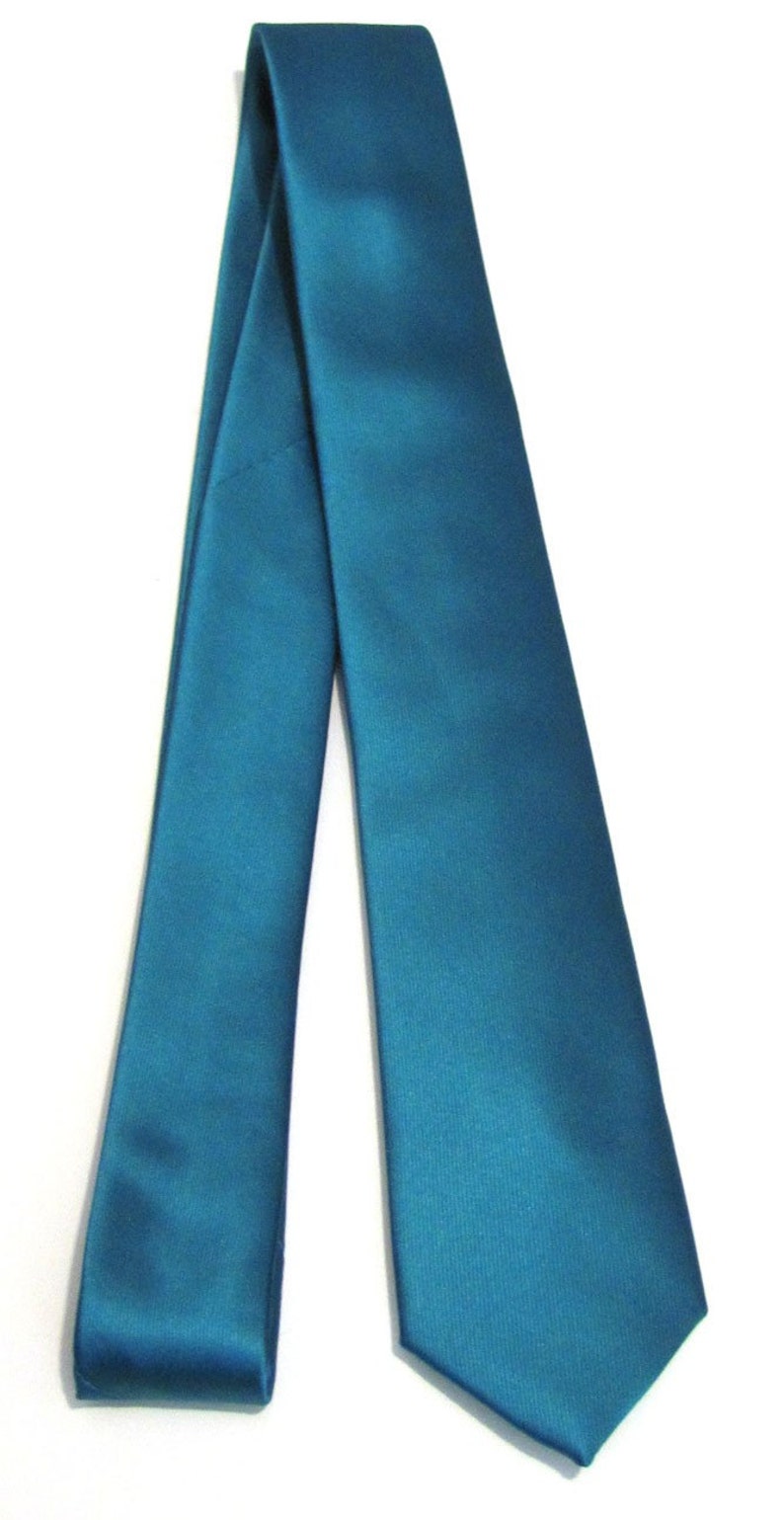 Mens Necktie Teal Silk Skinny Necktie With Matching Pocket Square Handkerchief Option image 4