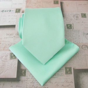 Pastel Mint Green Mens Tie with Matching Pocket Square Handkerchief Option