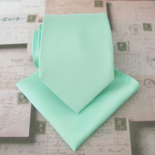 Pastel Mint Green Mens Tie with Matching Pocket Square Handkerchief Option