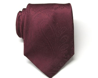 Mens Ties. Wedding Ties. Burgundy Paisley Silk Necktie With Matching Pocket Square Option
