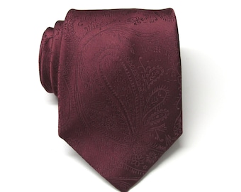 Mens Ties. Wedding Ties. Burgundy Paisley Silk Necktie With Matching Pocket Square Option