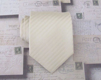 Mens Tie Champagne Cream Tonal Stripes Necktie With Matching Pocket Ssquare Option