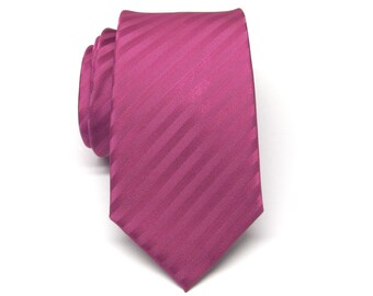 Mens Tie. Skinny Tie. Raspberry Fuchsia Stripes Skinny Necktie