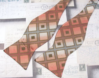 Mens Self Tie Bow Ties. Coral Brown Plaid Free Style Bowtie With Matching Pocket Square