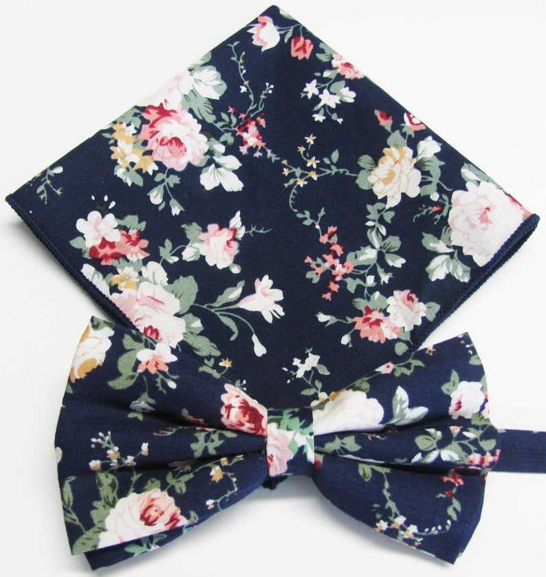 Cotton Mens Bowtie Cotton Navy Blue Red Gold Green Floral Bow Tie With Matching Pocket Square Option