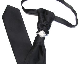 SALE Mens Tie 2 Layers Black Ascot Necktie With Matching Pocket Square