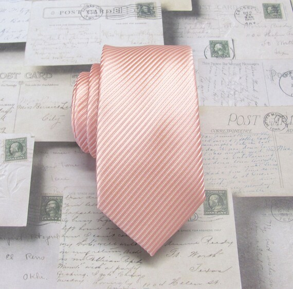 Peach Tie Mens Tie Pale Peach Stripes Skinny Necktie With Matching Pocket Squrae