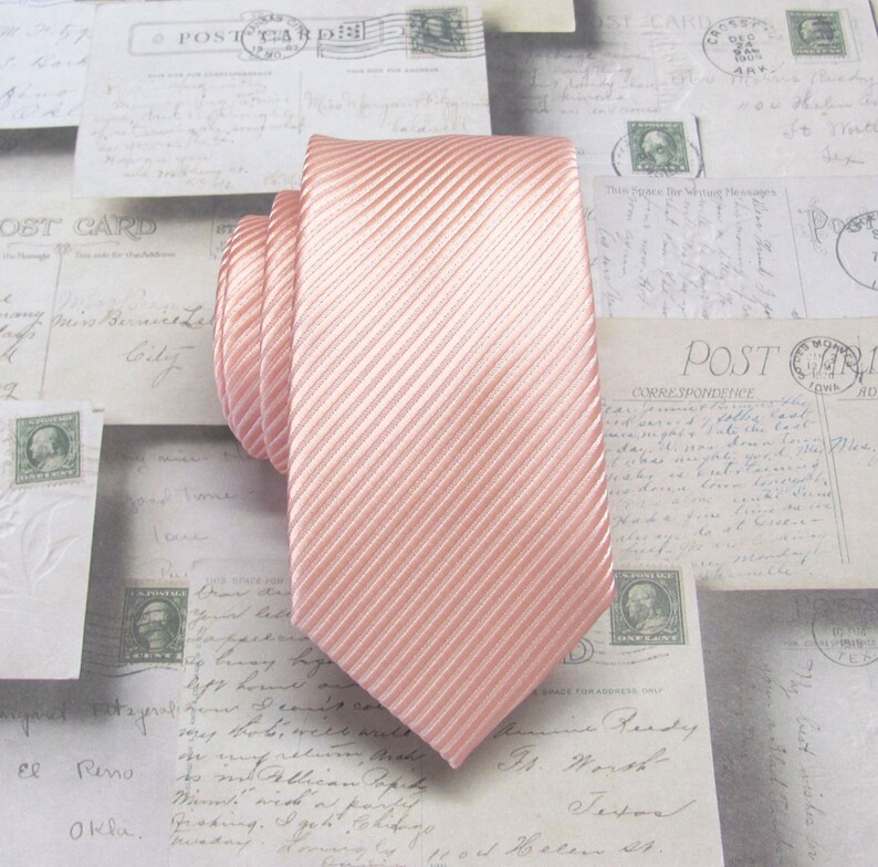 Peach Tie Mens Tie Pale Peach Stripes Skinny Necktie With Matching Pocket Squrae