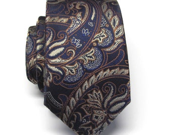 Mens Tie Navy Blue Royal Blue Copper Rust Floral Paisley Silk Necktie With Matching Pocket Square Option