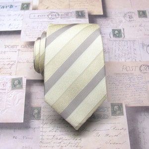 Champagne Mens Ties. Narrow Ties. Cream Champagne Gray Stripes Mens Narrow Necktie with Matching Pocket Square Option. Wedding Ties.