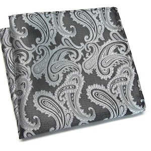 Pocket Square Black Silver Gray Paisley Hanky Handkerchief