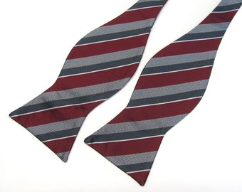 Mens Self Tie Bow Ties. Dark Red Gray Silver Striped Free Style Bowtie With Matching Pocket Square