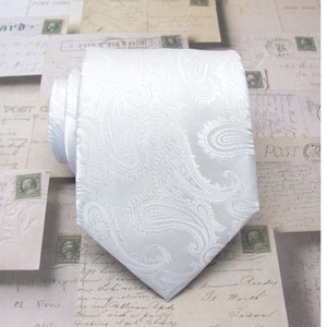 Mens Tie. White Paisley Mens Tie With Matching Pocket Square Option