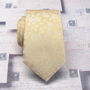 FREE POCKET SQUARE Slim & Standard Sized Ties Champagne Tan Pale Gold Floral Mens Silk Necktie Wedding Ties With Matching Pocket Square