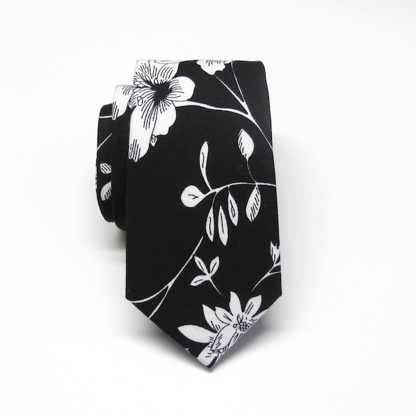 Cotton Mens Tie. Black White Floral Skinny Tie With Matching Pocket Square Option