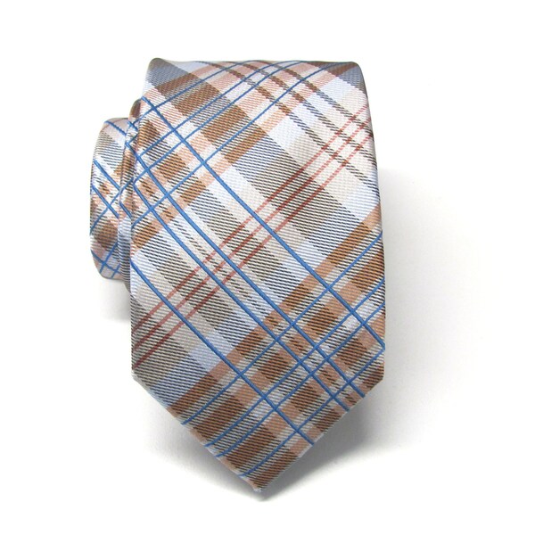 Herren Krawatten. Tan Beige blau karierten Mens schmale Krawatte
