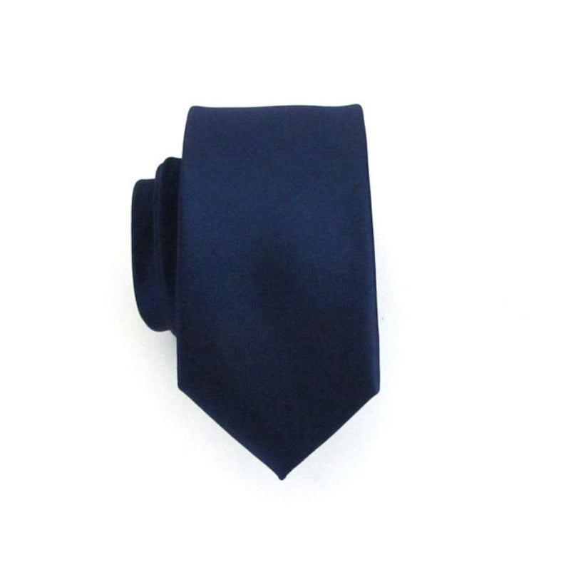 Mens Tie. Dark Navy Blue Skinny Silk Necktie with Matching Pocket Square Handkerchief Option image 1