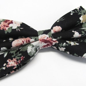 Cotton Mens Bowtie. Black Pink Green Floral Bow Tie With Matching Pocket Square