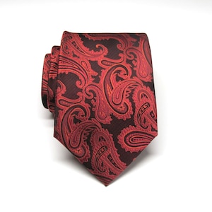 Mens Tie Red Black Paisley Mens Necktie With Matching Pocket Square Option