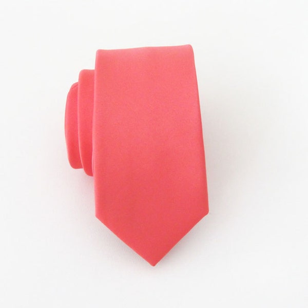 Mens Tie Guava Coral Skinny Necktie With Matching Pocket Square Handkerhief Option