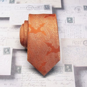 Mens Tie. Orange Paisley Skinny Necktie