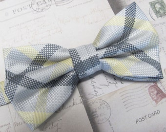 Mens Bowtie. Yellow Gray Plaid Bowtie With Matching Pocket Square Option