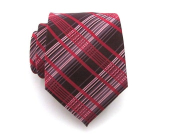 CLEARANCE SALE Mens Tie - Red and Brown Plaid Silk Necktie