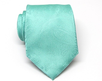 Mens Tie - Mint Green Paisley Silk Necktie With Matching Pocket Square Option