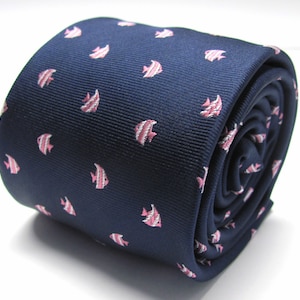 Navy Blue Tie With Angelfish Pink Fish Design Necktie