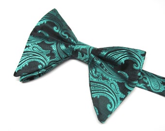 Teal Green Black Paisley Butterfly Bow Tie Tom Ford Inspired Tear Drop Long Pretied Bow Tie With Matching Pocket Square Handkerchief Option