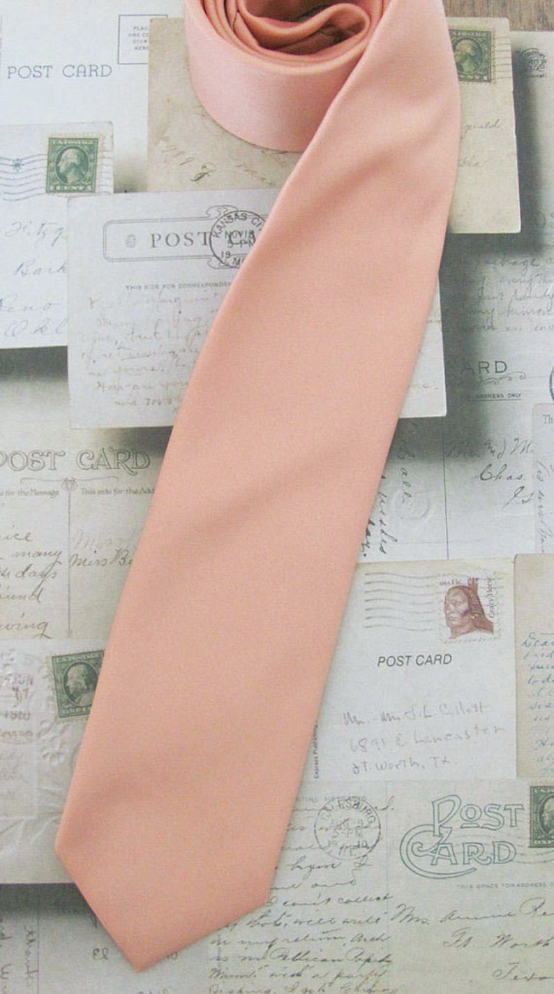 Peach Tie. Mens Tie Light Peach Skinny Tie With Matching Pocket Square Option image 3