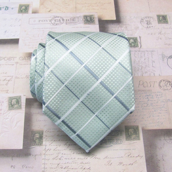 Mens Tie. Pastel Mint Green Gray Plaid Mens Necktie with Matching Pocket Square Option