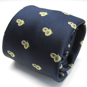 Navy Blue Tie With Yellow Lemon Design Necktie